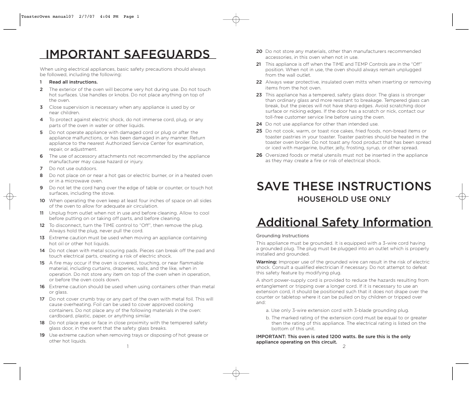 Additional safety information, Important safeguards, Save these instructions | Household use only | Wolfgang Puck DUAL BTOT0010 User Manual | Page 2 / 12