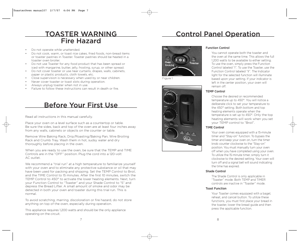 Before your first use, Control panel operation, Toaster warning fire hazard | Wolfgang Puck DUAL BTOT0010 User Manual | Page 5 / 12