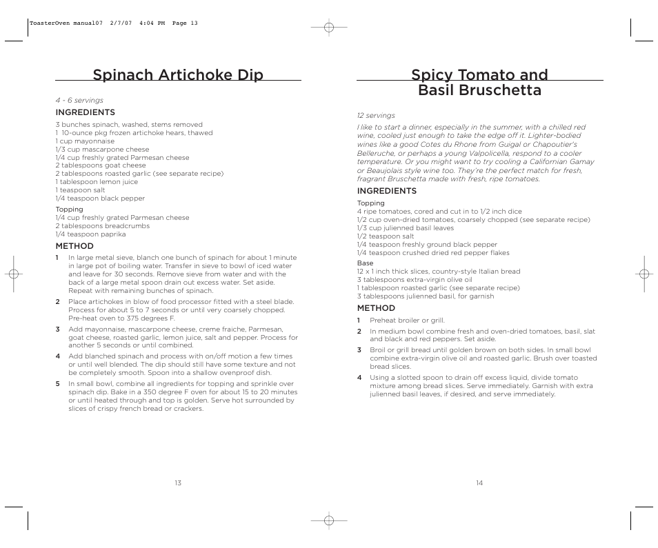 Spinach artichoke dip, Spicy tomato and basil bruschetta | Wolfgang Puck DUAL BTOT0010 User Manual | Page 8 / 12