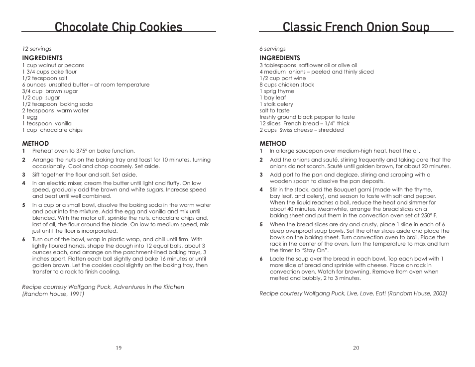 Classic french onion soup, Chocolate chip cookies | Wolfgang Puck BTOBR0010 User Manual | Page 11 / 22