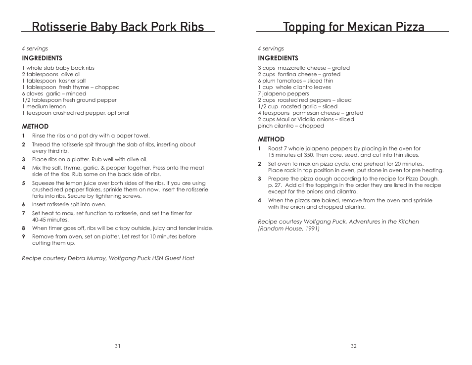 Rotisserie baby back pork ribs, Topping for mexican pizza | Wolfgang Puck BTOBR0010 User Manual | Page 17 / 22
