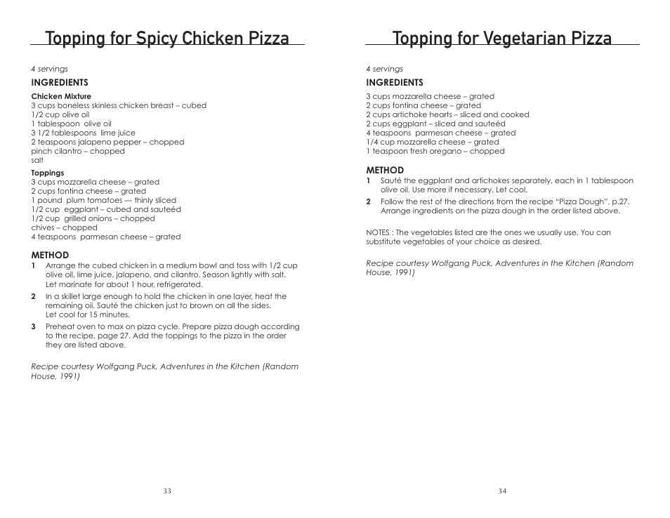 Topping for vegetarian pizza, Topping for spicy chicken pizza | Wolfgang Puck BTOBR0010 User Manual | Page 18 / 22