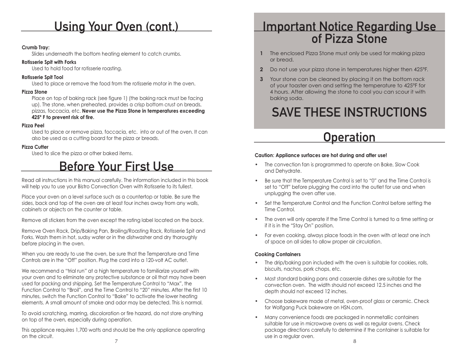 Operation, Using your oven (cont.) before your first use, Important notice regarding use of pizza stone | Save these instructions | Wolfgang Puck BTOBR0010 User Manual | Page 5 / 22