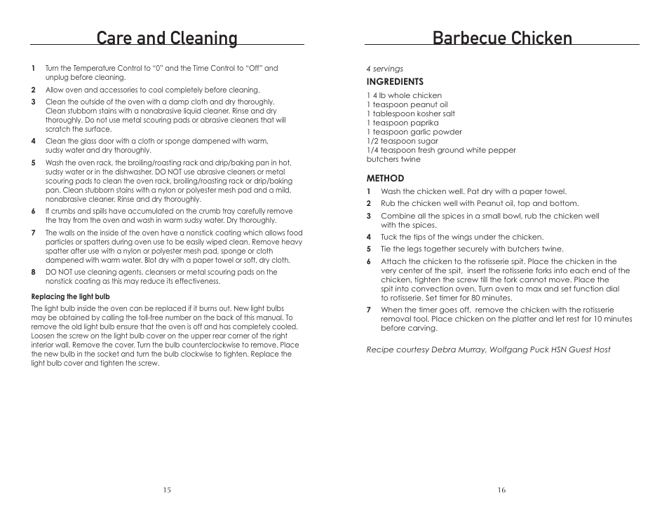 Care and cleaning, Barbecue chicken | Wolfgang Puck BTOBR0010 User Manual | Page 9 / 22