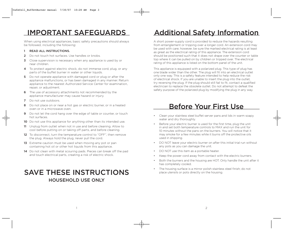 Important safeguards, Additional safety information, Save these instructions | Before your first use, Household use only | Wolfgang Puck CCIDB0010 User Manual | Page 2 / 6