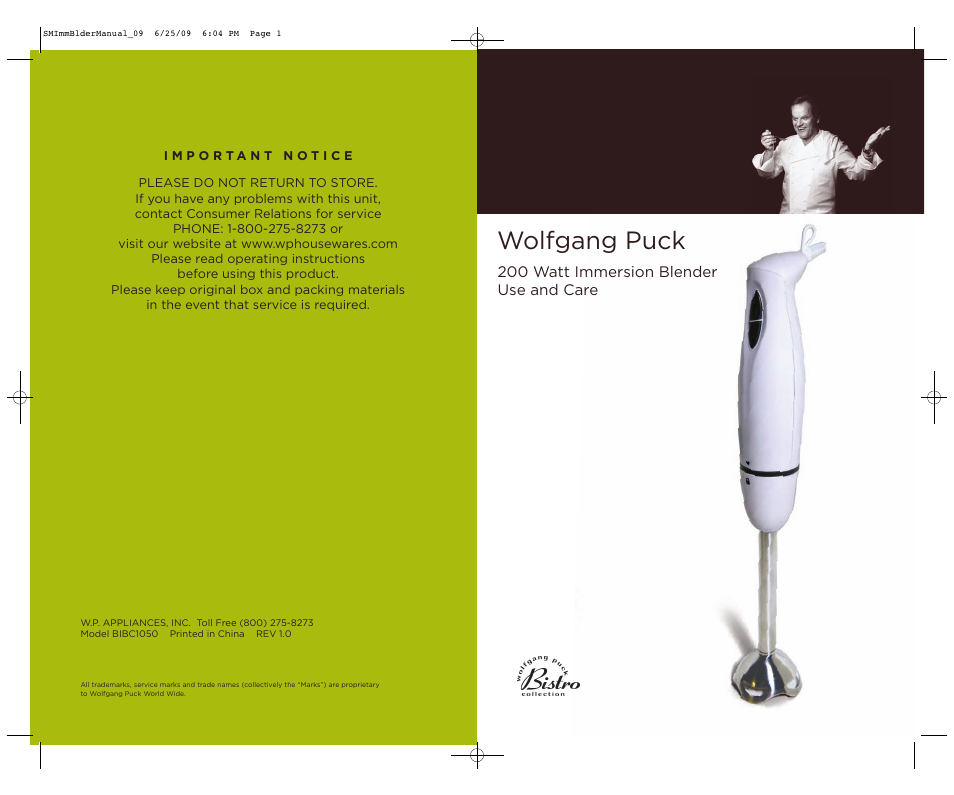 Wolfgang Puck BIBC1050 User Manual | 18 pages