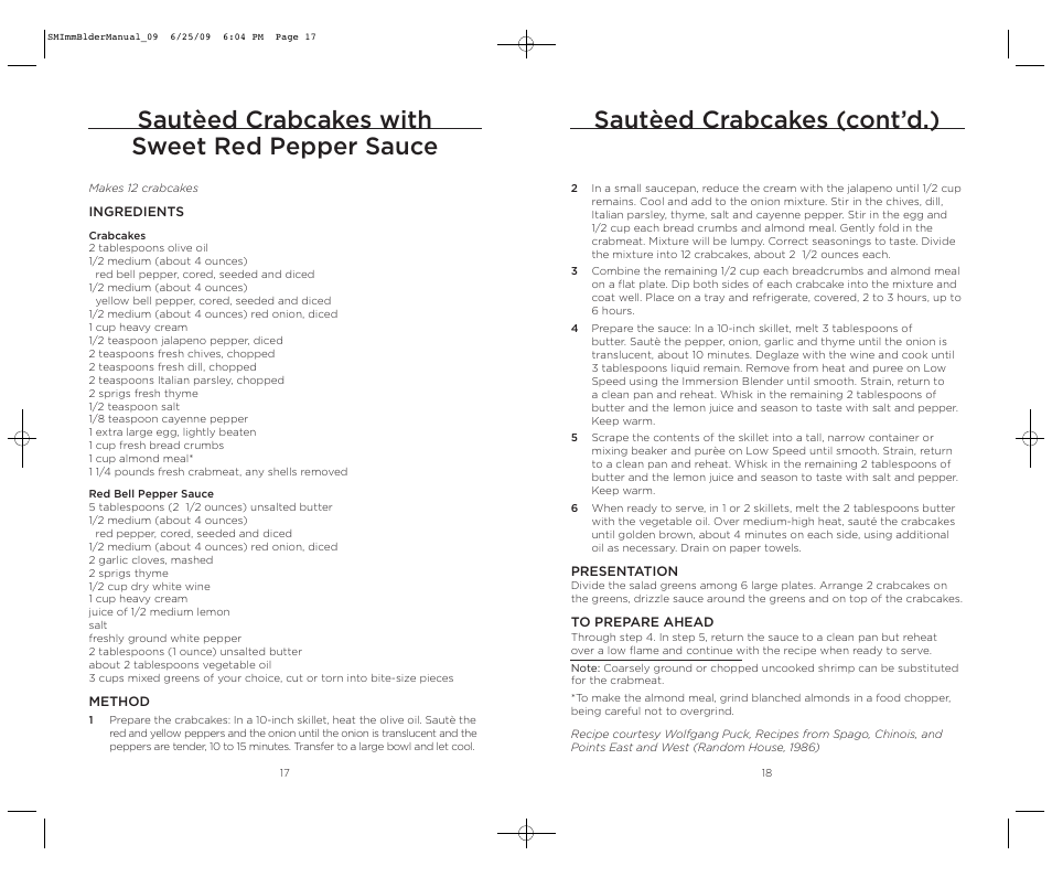 Sautèed crabcakes with sweet red pepper sauce, Sautèed crabcakes (cont’d.) | Wolfgang Puck BIBC1050 User Manual | Page 10 / 18