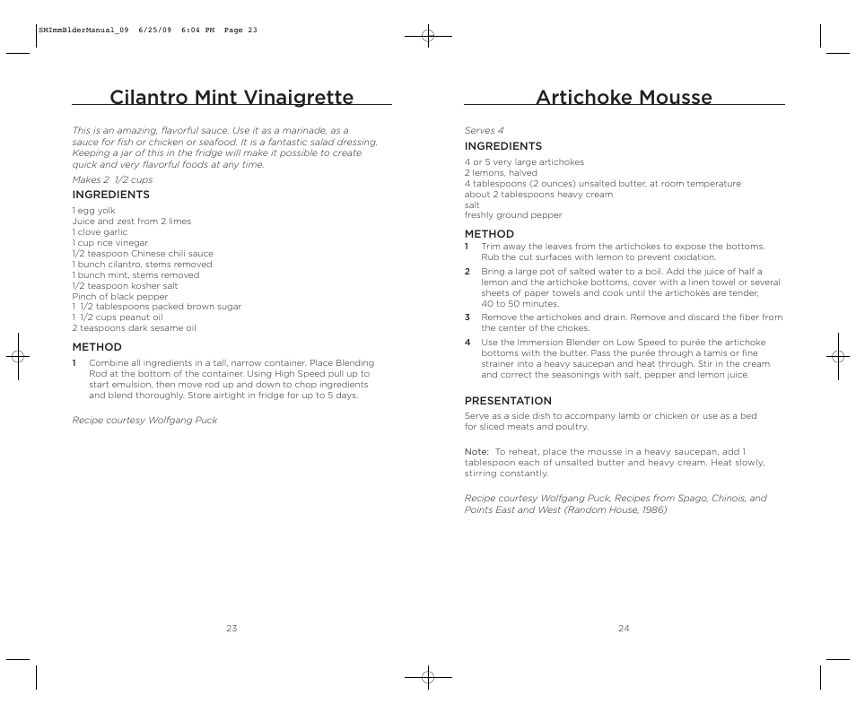 Artichoke mousse, Cilantro mint vinaigrette | Wolfgang Puck BIBC1050 User Manual | Page 13 / 18