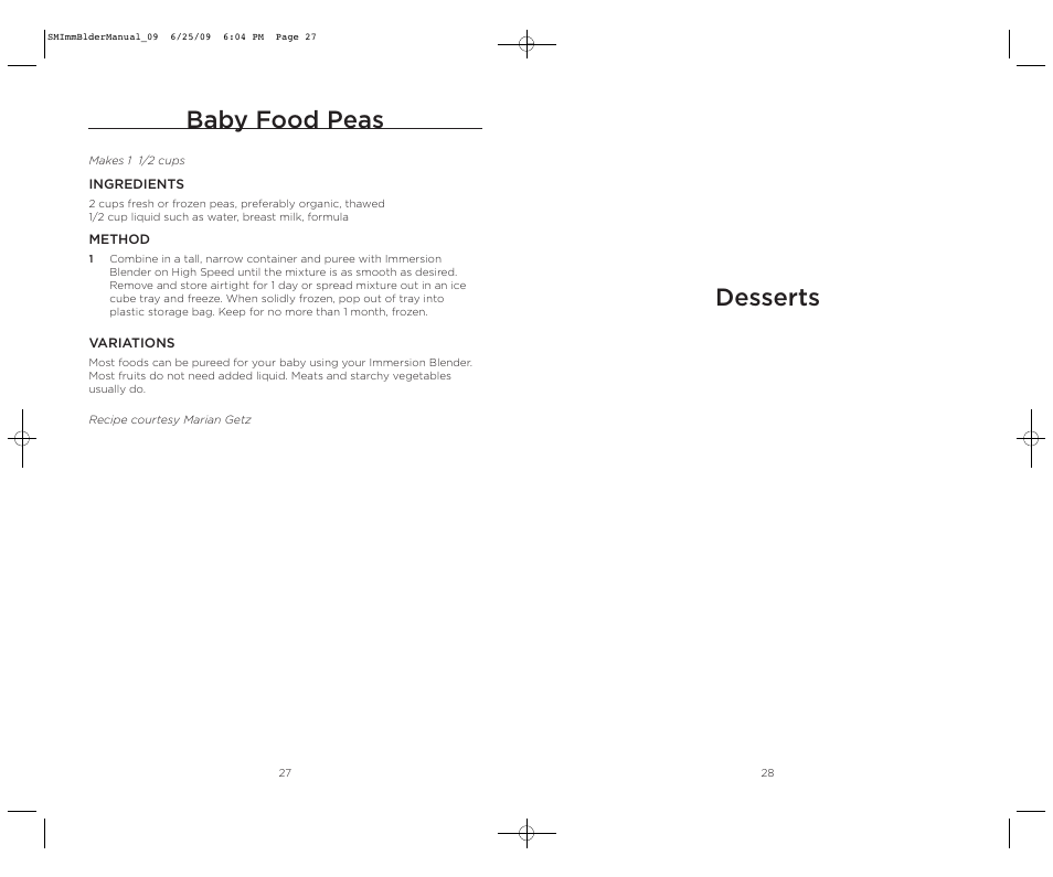 Desserts, Baby food peas | Wolfgang Puck BIBC1050 User Manual | Page 15 / 18