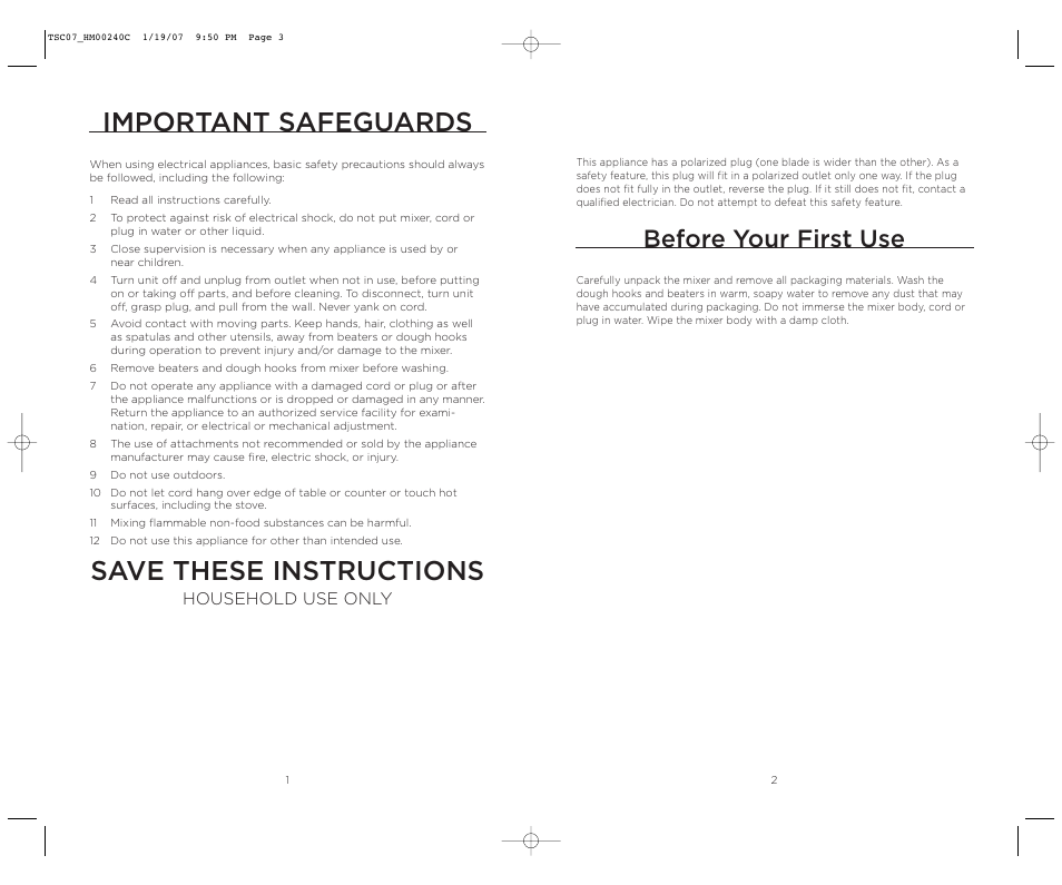 Important safeguards, Save these instructions, Before your first use | Household use only | Wolfgang Puck BISTRO BHM00240C User Manual | Page 2 / 10
