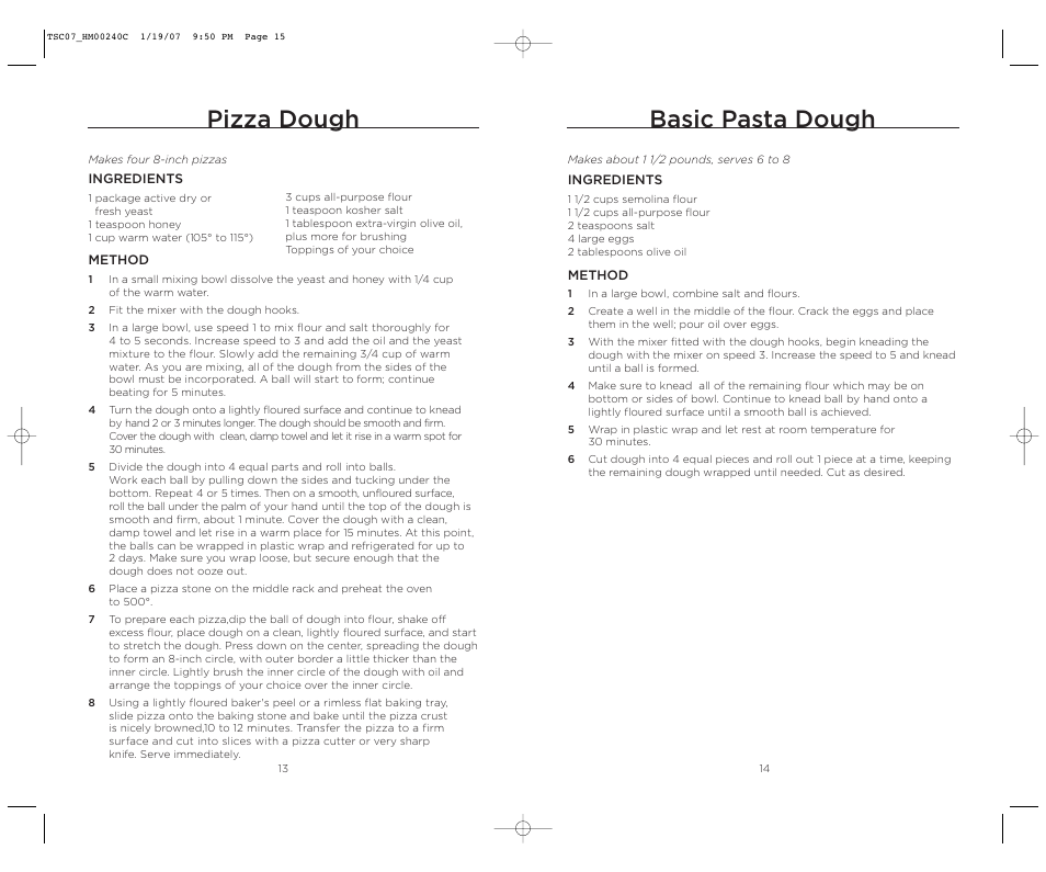 Basic pasta dough, Pizza dough | Wolfgang Puck BISTRO BHM00240C User Manual | Page 8 / 10