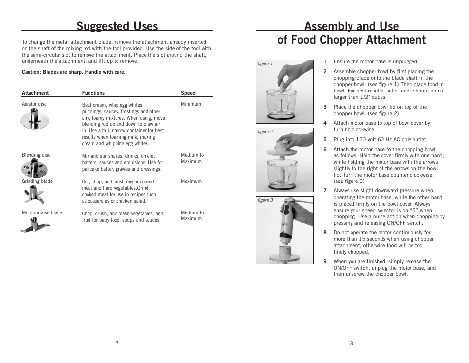 Assembly and use of food chopper attachment, Suggested uses | Wolfgang Puck BIBC1025 User Manual | Page 5 / 14