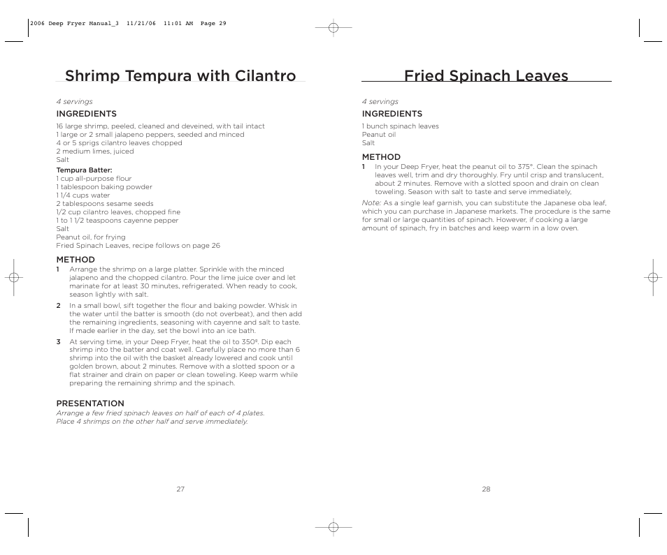 Shrimp tempura with cilantro, Fried spinach leaves | Wolfgang Puck BDFR0040 User Manual | Page 15 / 22