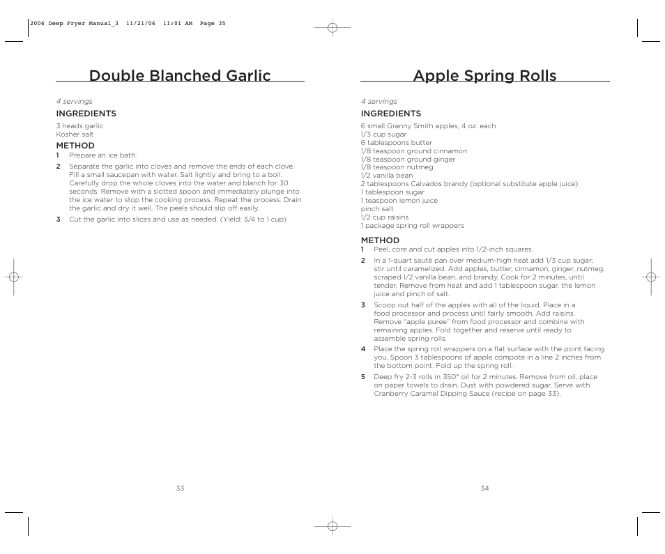 Double blanched garlic, Apple spring rolls | Wolfgang Puck BDFR0040 User Manual | Page 18 / 22