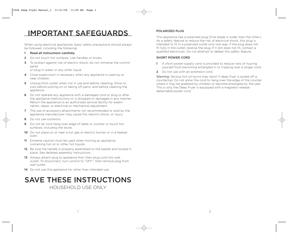 Important safeguards, Save these instructions, Household use only | Wolfgang Puck BDFR0040 User Manual | Page 2 / 22