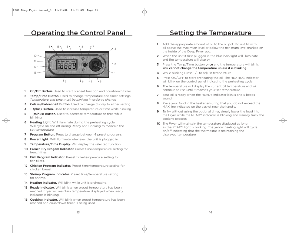 Operating the control panel, Setting the temperature | Wolfgang Puck BDFR0040 User Manual | Page 8 / 22