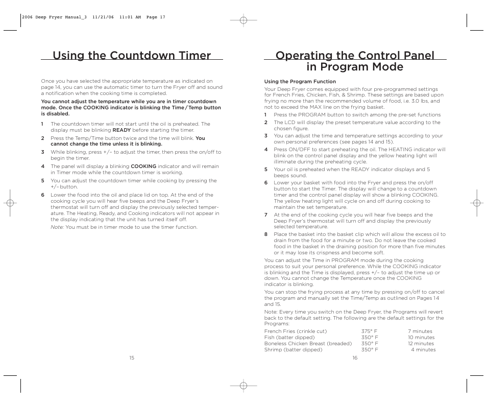 Using the countdown timer, Operating the control panel in program mode | Wolfgang Puck BDFR0040 User Manual | Page 9 / 22