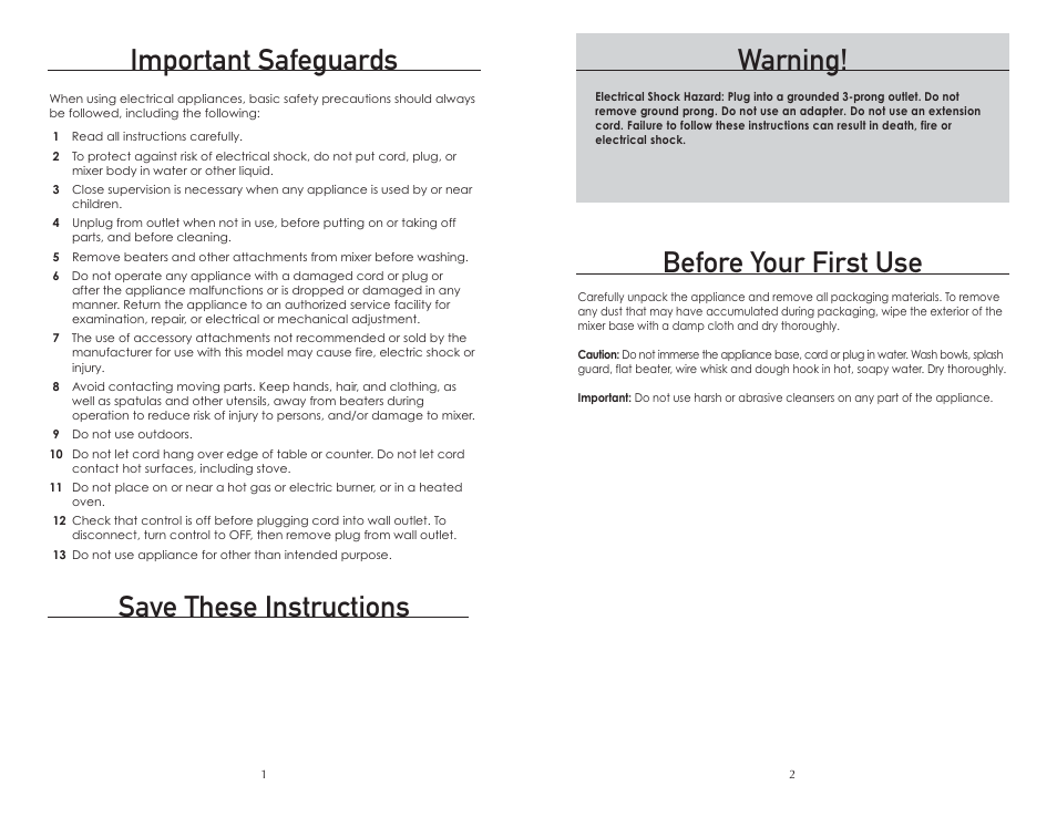 Important safeguards, Before your first use, Save these instructions warning | Wolfgang Puck BMSD0015 User Manual | Page 2 / 18