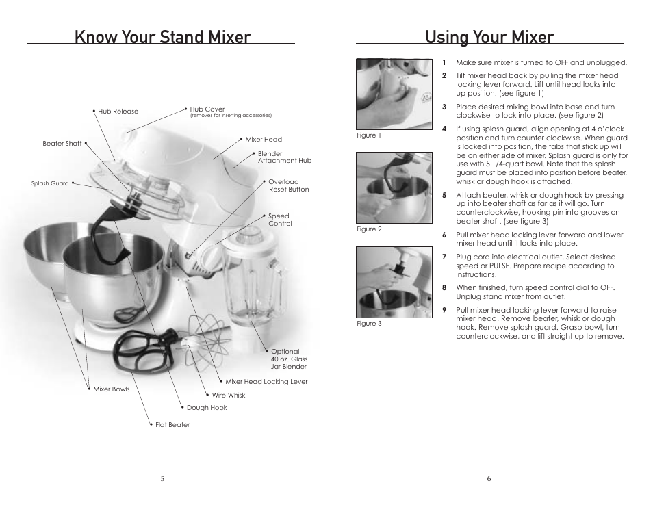 Know your stand mixer, Using your mixer | Wolfgang Puck BMSD0015 User Manual | Page 4 / 18