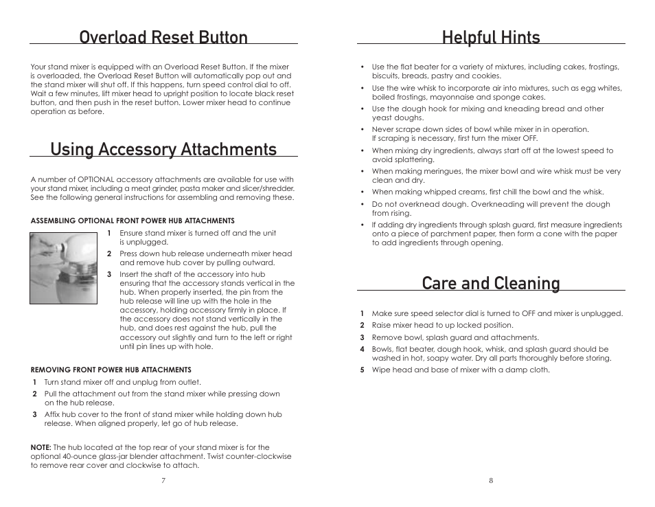 Helpful hints, Care and cleaning, Overload reset button | Using accessory attachments | Wolfgang Puck BMSD0015 User Manual | Page 5 / 18