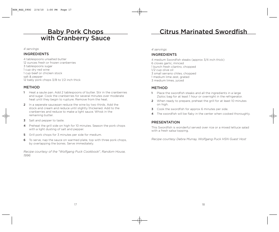 Citrus marinated swordfish, Baby pork chops with cranberry sauce | Wolfgang Puck BRGG0090 User Manual | Page 10 / 16