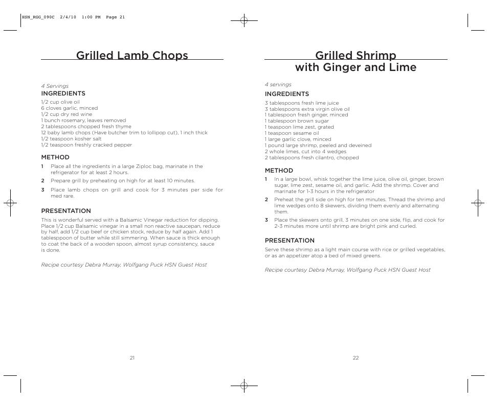 Grilled lamb chops, Grilled shrimp with ginger and lime | Wolfgang Puck BRGG0090 User Manual | Page 12 / 16