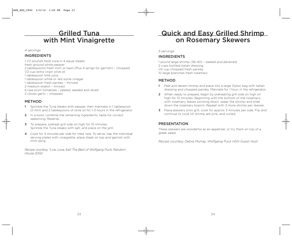 Quick and easy grilled shrimp on rosemary skewers, Grilled tuna with mint vinaigrette | Wolfgang Puck BRGG0090 User Manual | Page 13 / 16