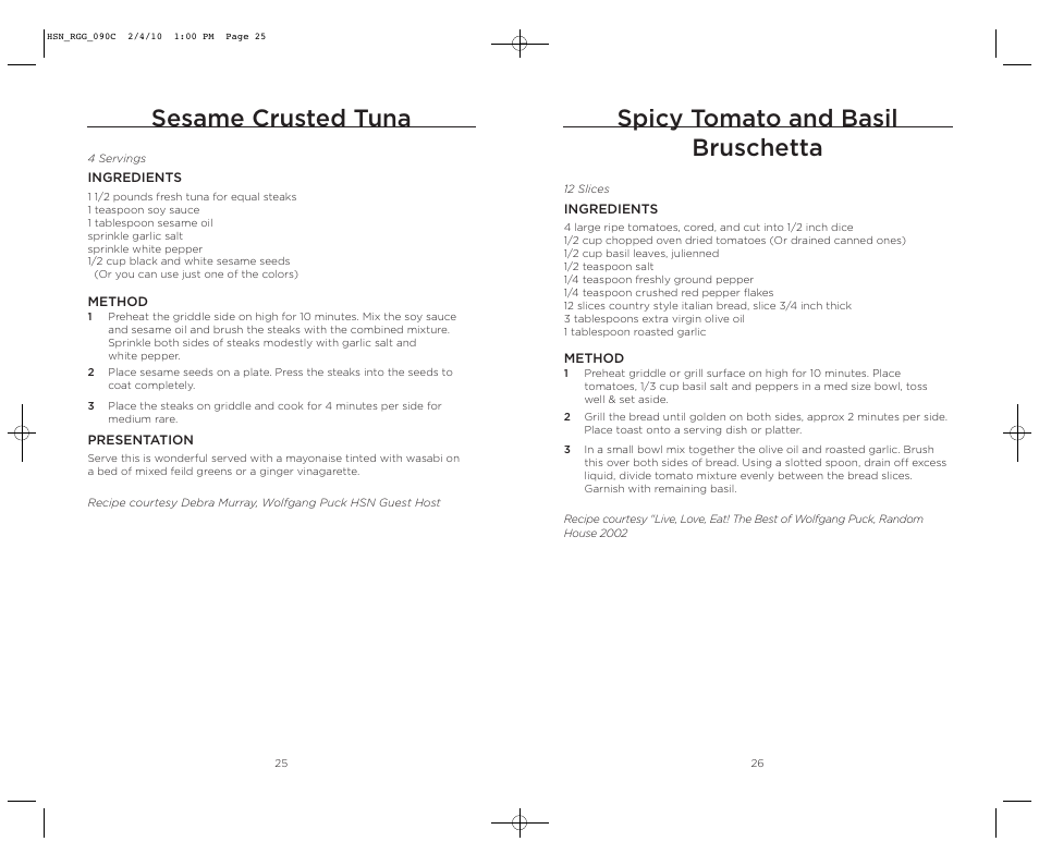 Sesame crusted tuna, Spicy tomato and basil bruschetta | Wolfgang Puck BRGG0090 User Manual | Page 14 / 16