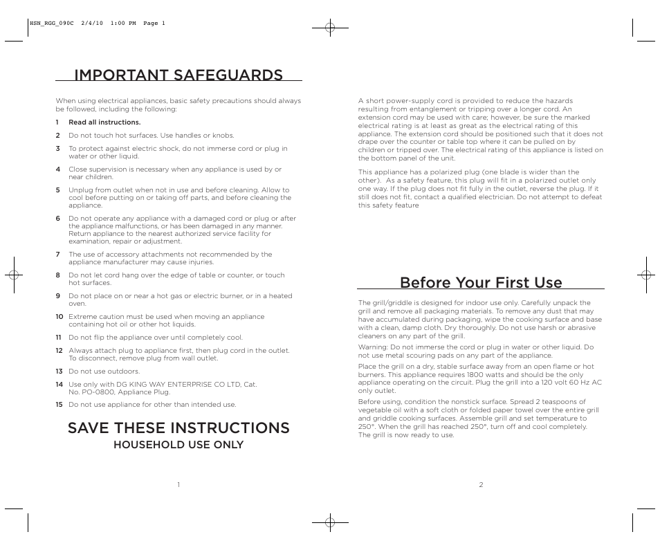 Important safeguards, Save these instructions, Before your first use | Household use only | Wolfgang Puck BRGG0090 User Manual | Page 2 / 16