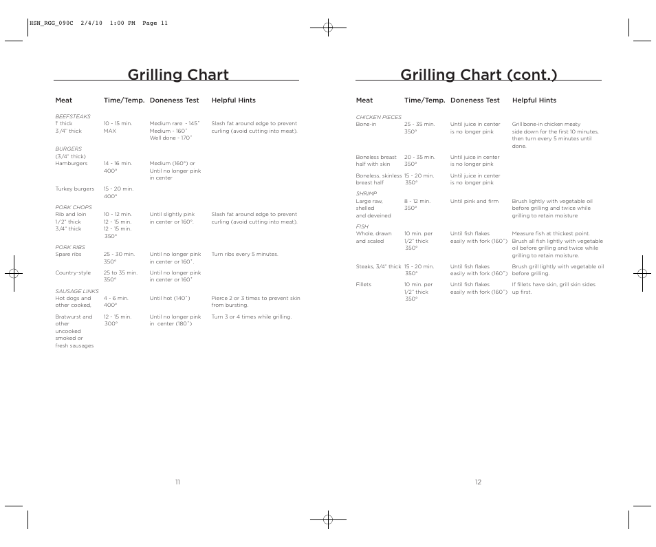 Grilling chart (cont.), Grilling chart | Wolfgang Puck BRGG0090 User Manual | Page 7 / 16