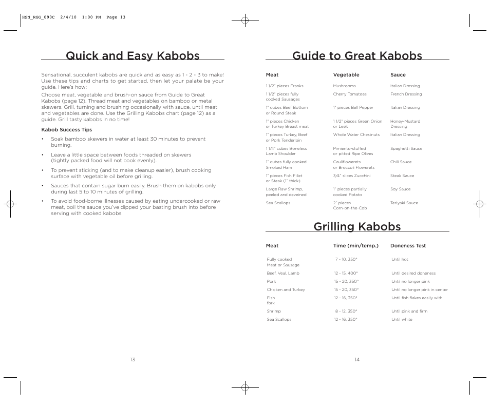 Quick and easy kabobs, Guide to great kabobs, Grilling kabobs | Wolfgang Puck BRGG0090 User Manual | Page 8 / 16