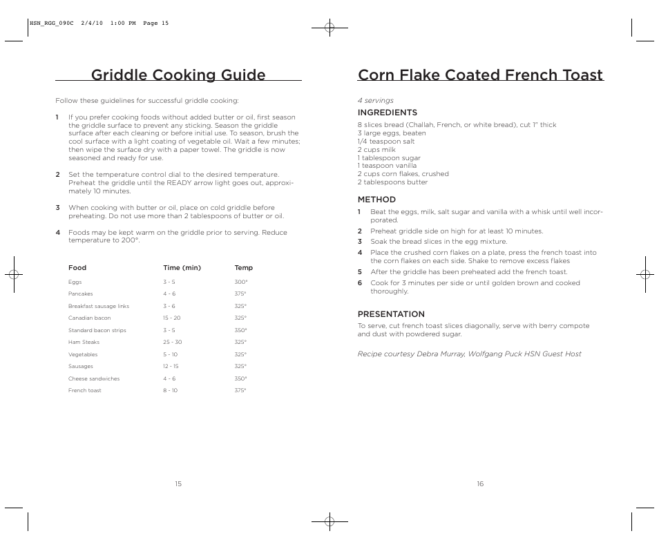 Griddle cooking guide, Corn flake coated french toast | Wolfgang Puck BRGG0090 User Manual | Page 9 / 16