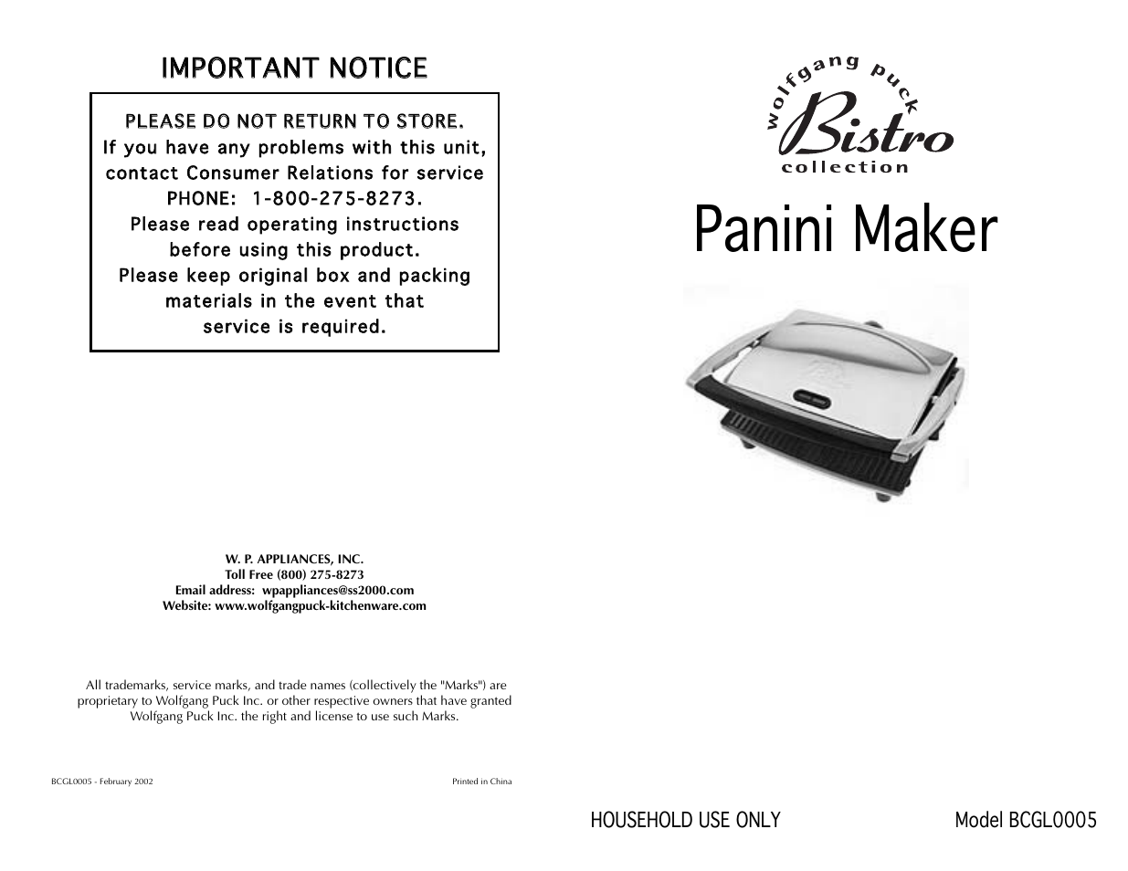 Wolfgang Puck BCGL0005 User Manual | 10 pages
