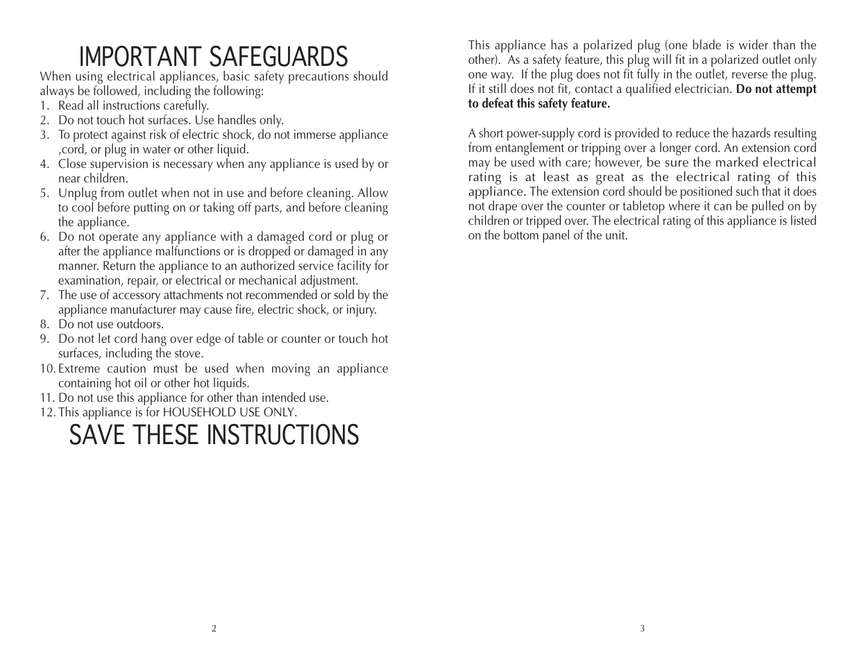 Important safeguards, Save these instructions | Wolfgang Puck BCGL0005 User Manual | Page 2 / 10