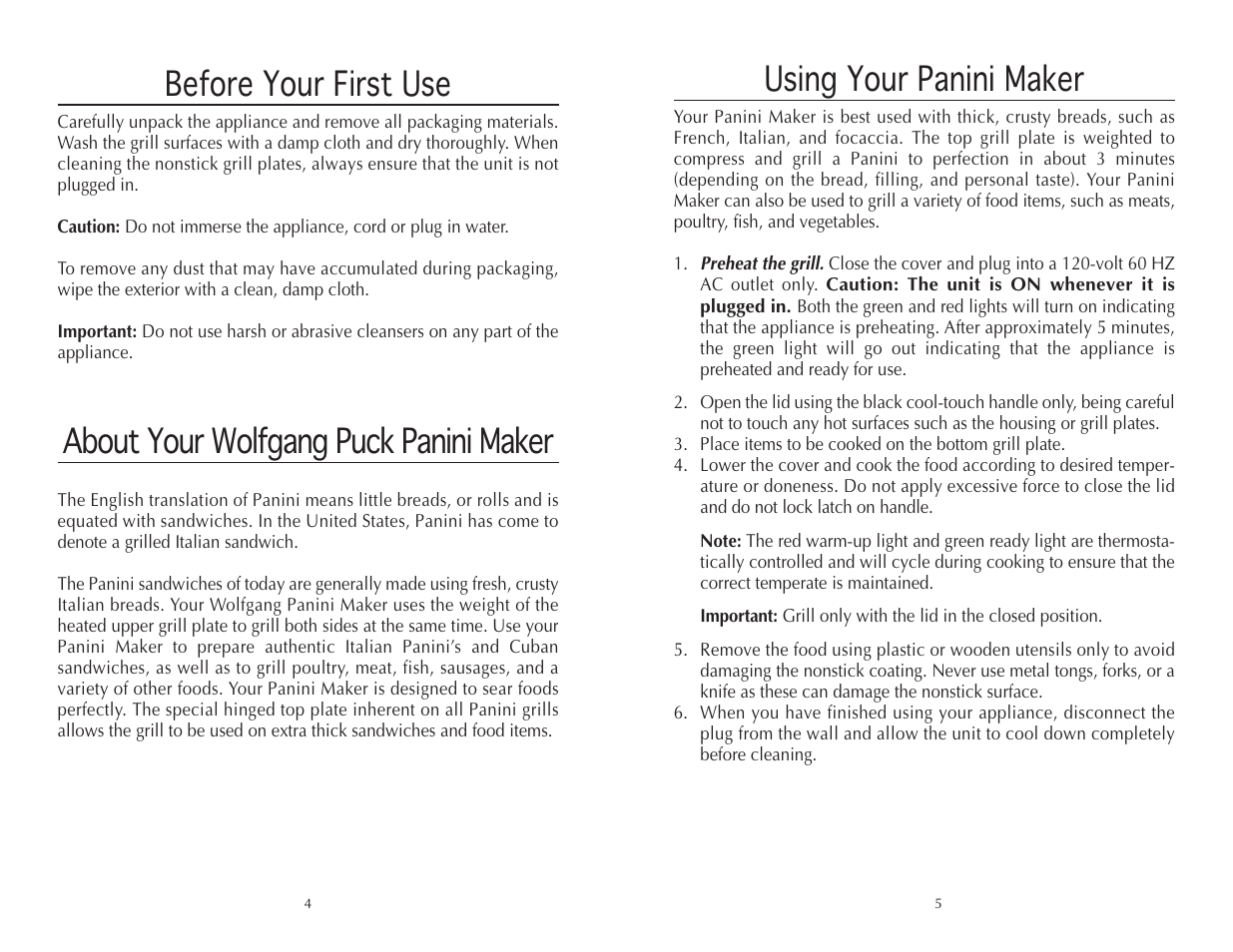 Before your first use, About your wolfgang puck panini maker, Using your panini maker | Wolfgang Puck BCGL0005 User Manual | Page 3 / 10