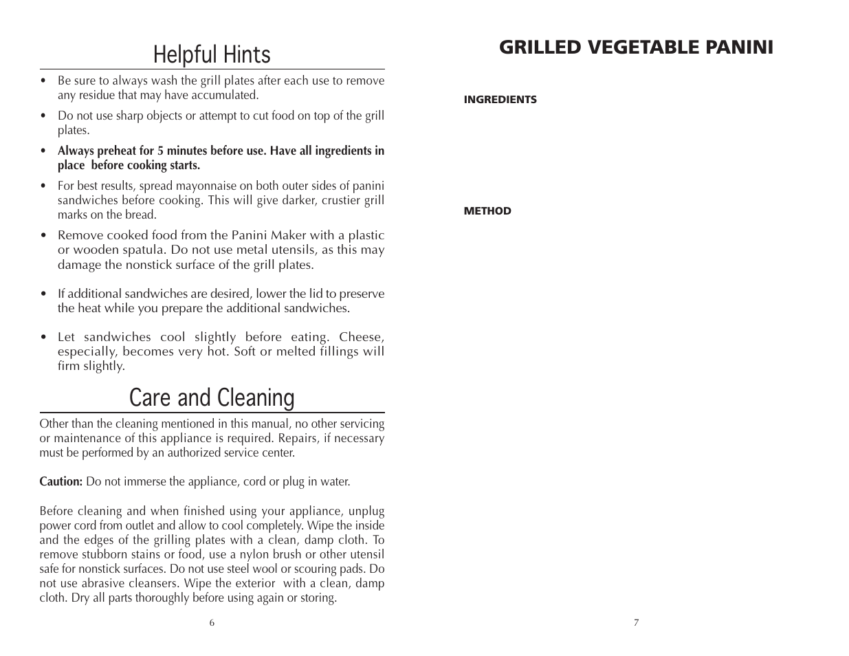 Helpful hints, Care and cleaning, Grilled vegetable panini | Wolfgang Puck BCGL0005 User Manual | Page 4 / 10