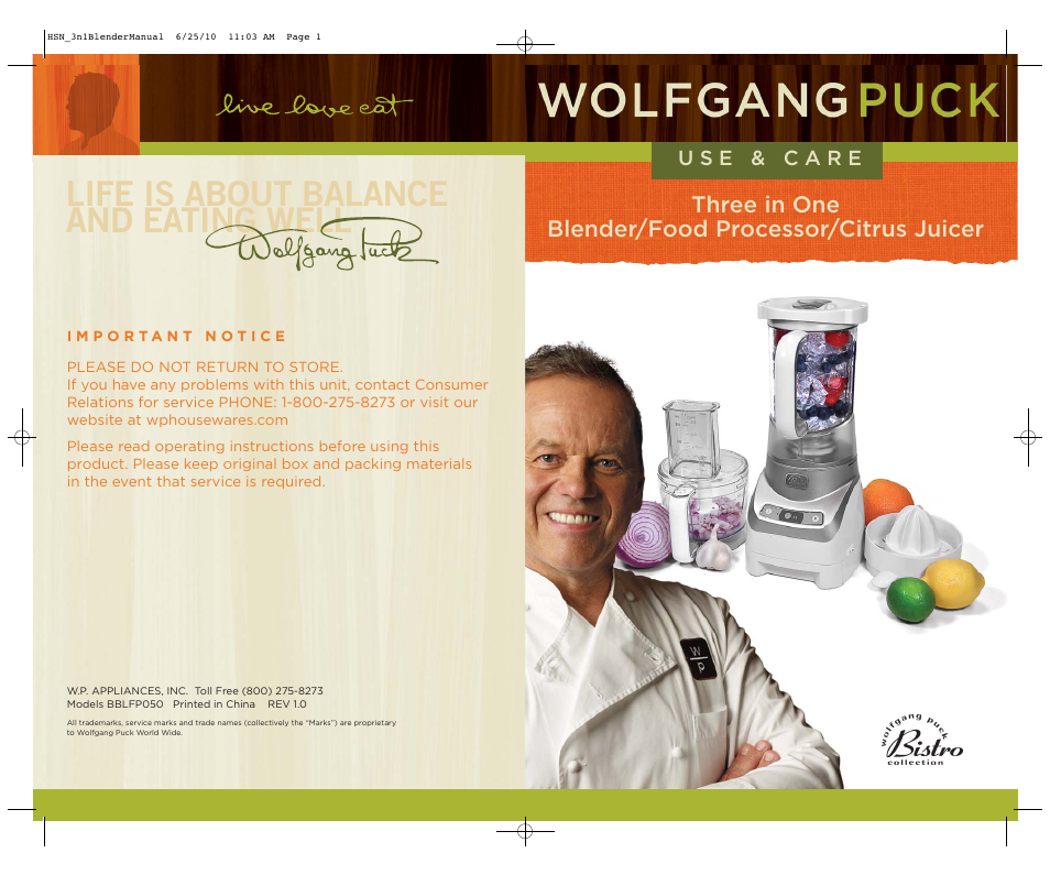 Wolfgang Puck BBLFP050 User Manual | 22 pages