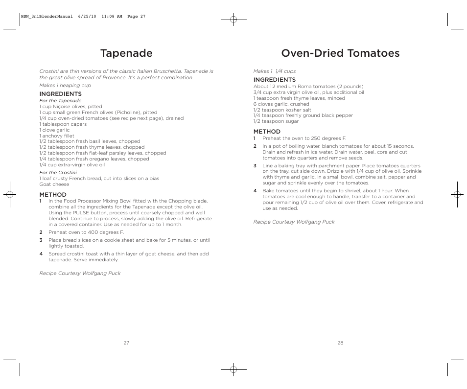 Tapenade, Oven-dried tomatoes | Wolfgang Puck BBLFP050 User Manual | Page 15 / 22