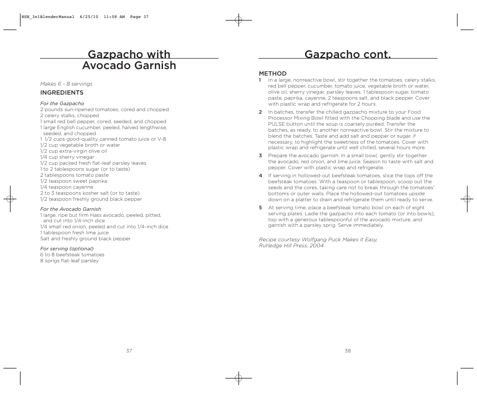 Gazpacho cont, Gazpacho with avocado garnish | Wolfgang Puck BBLFP050 User Manual | Page 20 / 22