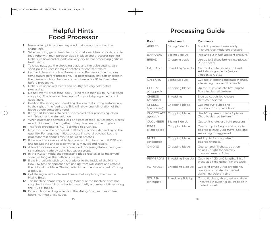 Helpful hints food processor, Processing guide | Wolfgang Puck BBLFP050 User Manual | Page 9 / 22