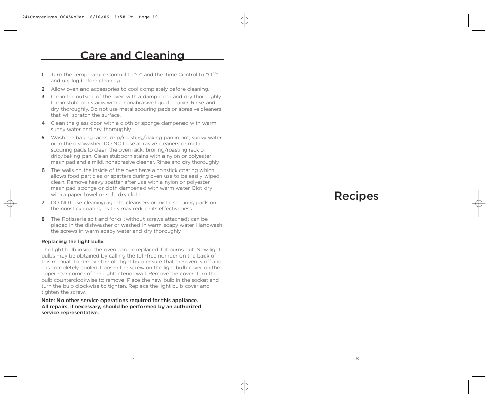 Care and cleaning, Recipes | Wolfgang Puck BISTRO BTOBR0045 User Manual | Page 10 / 22