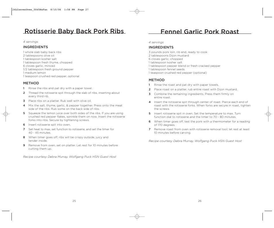 Fennel garlic pork roast, Rotisserie baby back pork ribs | Wolfgang Puck BISTRO BTOBR0045 User Manual | Page 14 / 22