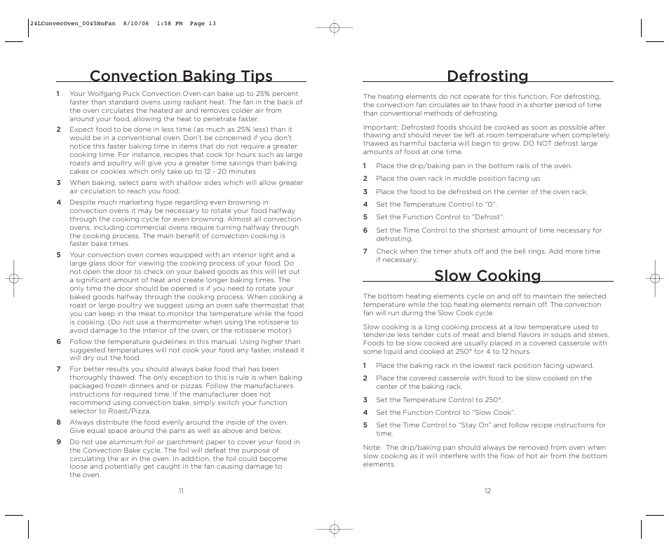 Convection baking tips, Slow cooking, Defrosting | Wolfgang Puck BISTRO BTOBR0045 User Manual | Page 7 / 22