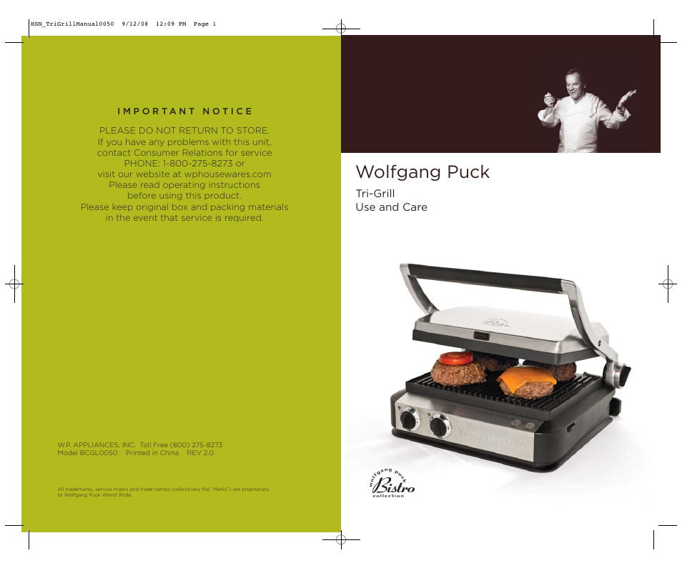 Wolfgang Puck TRI-GRILL BCGL0050 User Manual | 20 pages