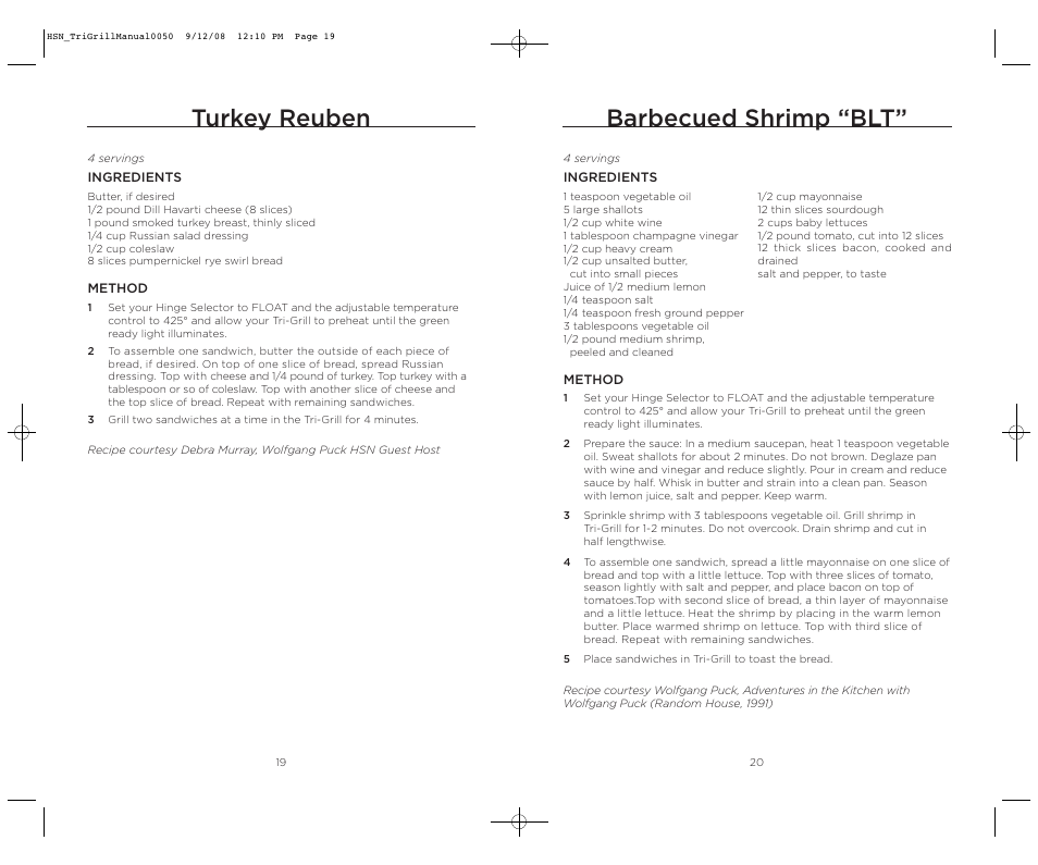 Barbecued shrimp “blt, Turkey reuben | Wolfgang Puck TRI-GRILL BCGL0050 User Manual | Page 11 / 20