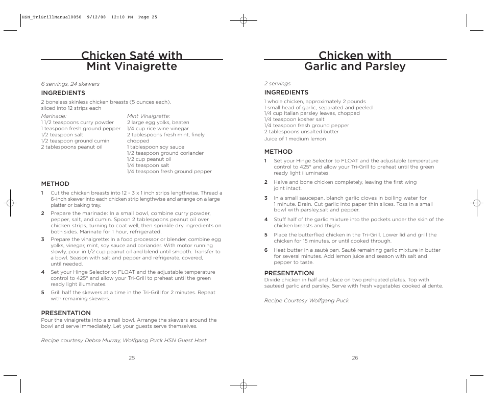 Chicken with garlic and parsley, Chicken saté with mint vinaigrette | Wolfgang Puck TRI-GRILL BCGL0050 User Manual | Page 14 / 20