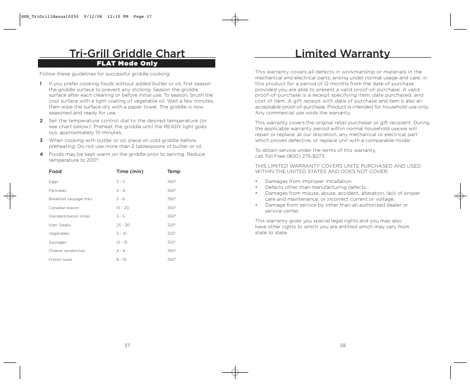 Limited warranty, Tri-grill griddle chart, Flat mode only | Wolfgang Puck TRI-GRILL BCGL0050 User Manual | Page 20 / 20