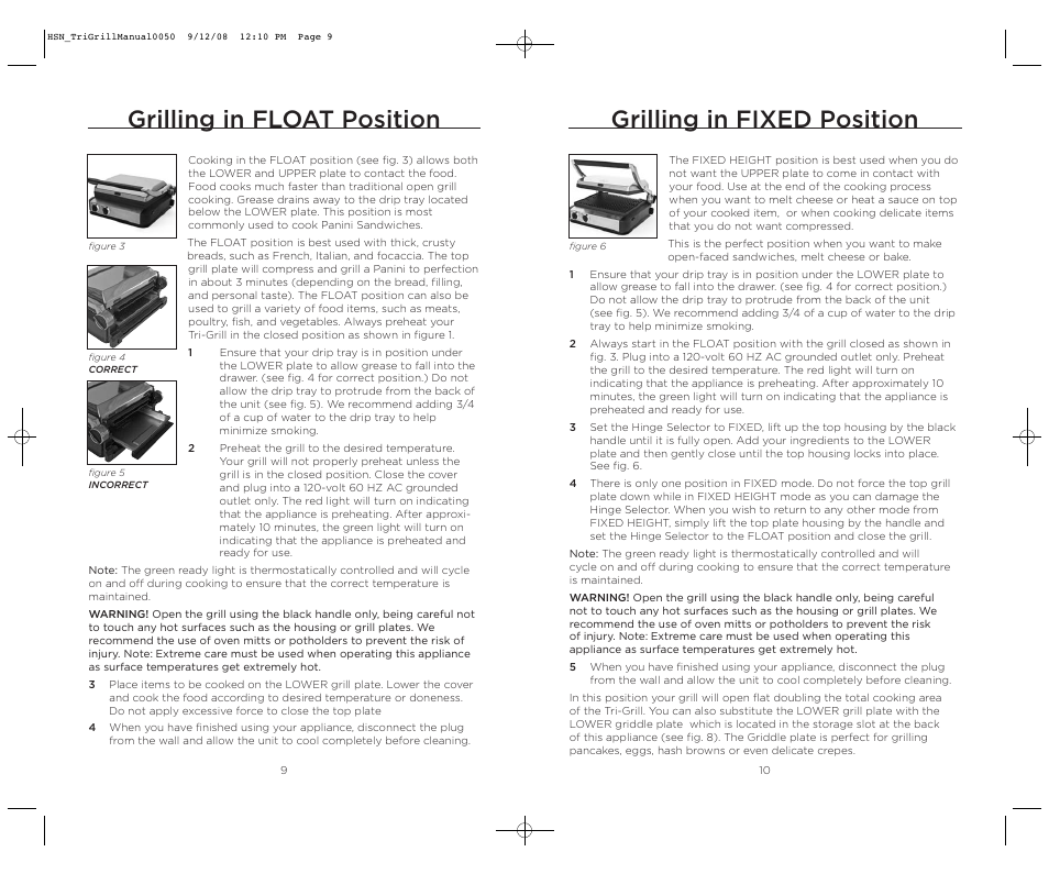 Grilling in float position, Grilling in fixed position | Wolfgang Puck TRI-GRILL BCGL0050 User Manual | Page 6 / 20