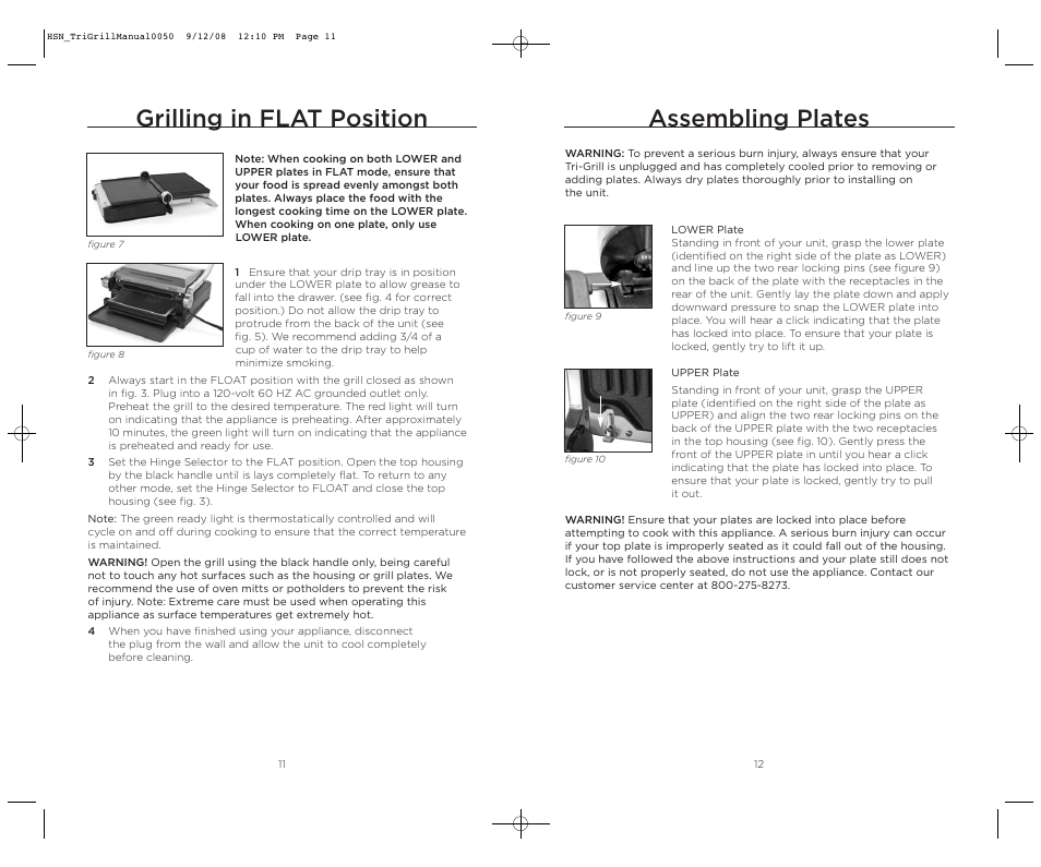 Assembling plates, Grilling in flat position | Wolfgang Puck TRI-GRILL BCGL0050 User Manual | Page 7 / 20