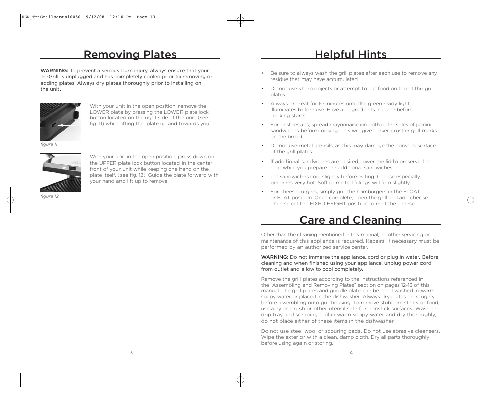 Helpful hints, Care and cleaning, Removing plates | Wolfgang Puck TRI-GRILL BCGL0050 User Manual | Page 8 / 20